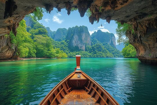 A traditional Thai longtail boat making its way through a maze of limestone karsts in a serene bay
