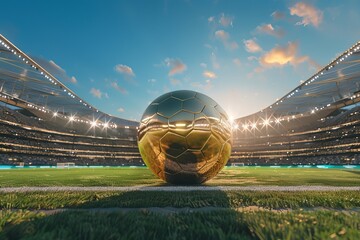 A Golden Soccer Ball On The Grass In A Large Stadium.	