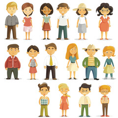 A group of cartoon people are standing in a line. The people are of different ages and genders. Vector ilustrations