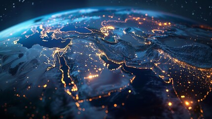 glowing digital earth globe centered on middle east global connectivity and data transfer concept 3d render