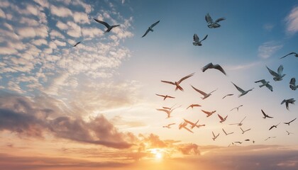 abstract beautiful peaceful summer sky background sunrise new day and flying flock of birds