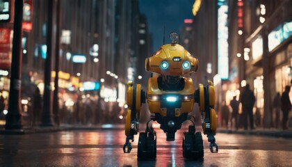 Naklejka premium A yellow autonomous robot stands out among a crowd on a bustling city street at night, under glowing neon lights.. AI Generation