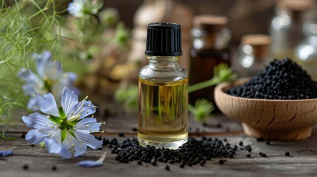 Black cumin essential oil in a small bottle. selective focus. Generative AI,