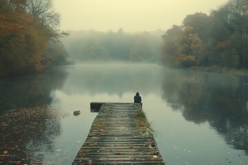 Obraz premium A tranquil riverbank scene with a wooden pier stretching into the water, a lone fisherman patiently waiting for a catch