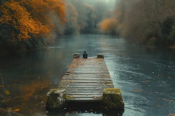 Naklejka premium A tranquil riverbank scene with a wooden pier stretching into the water, a lone fisherman patiently waiting for a catch