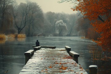 Obraz premium A tranquil riverbank scene with a wooden pier stretching into the water, a lone fisherman patiently waiting for a catch