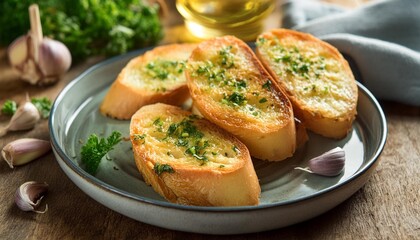 garlic bread sliced bread topped with garlic butter and herbs then baked until crispy
