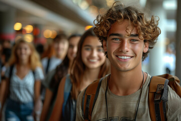 Fototapeta premium A group of smiling multiethnic students walking on the street, with one student in focus and three more behind him. The young man is wearing casual and has curly hair.