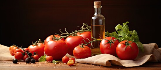 A copy space image of a table and basket filled with an assortment of ripe tomatoes alongside olive oil balsamic vinegar garlic and fresh vegetables representing the principles of vegetarianism and h