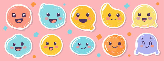 Colorful set of smiling face labels and retro sticker shapes, featuring funny characters and quotes.