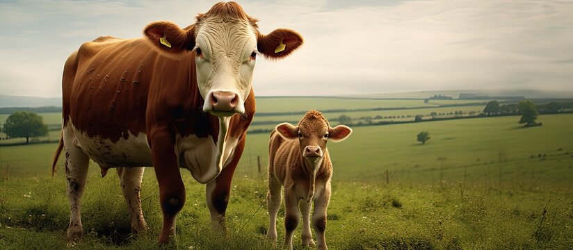 Copy space image of a Parthenais beef cow nursing its calf in a pasture facing the camera