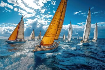 A vibrant regatta of sailboats racing under a brilliant blue sky, sails full of wind as they vie for first place