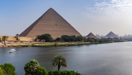 landscape view of the pyramids and the nile river