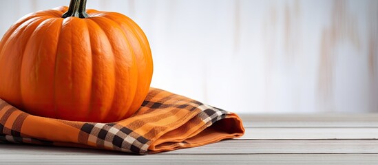 A side view of a vibrant orange pumpkin is placed on top of a folded grey plaid tablecloth The table is situated against a white wooden wall in the background creating a cozy autumn harvest ambiance