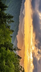 sunrise above peaks of smoky mountain with the view of forest in the foreground dramatic overcast sky