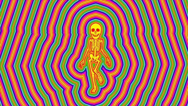 Seamless animation psychedelic walking skeleton painted style cartoon. Hypnotic Halloween background with wave with marker stroke effect 