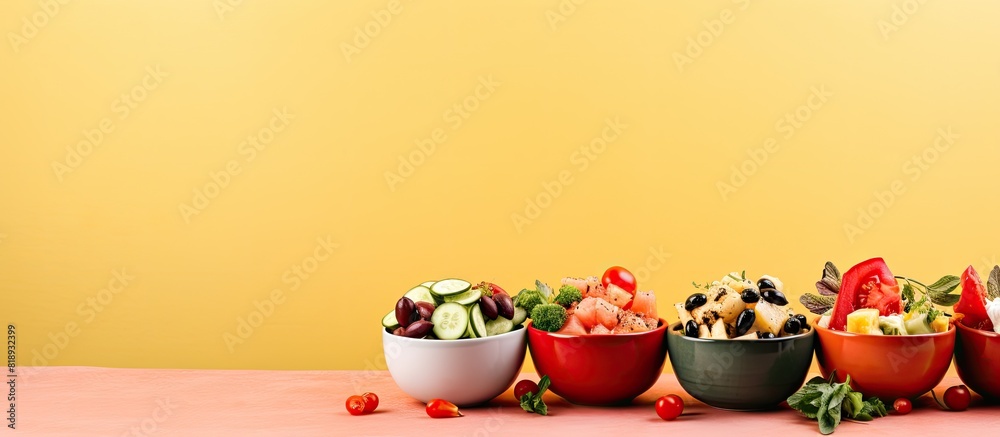 Wall mural Colorful background with bowls of delicious Greek salad providing copy space image - Wall murals