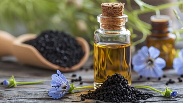 Black cumin essential oil in a small bottle. selective focus. Generative AI,