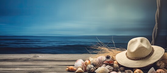 Vintage toned background with copy space image featuring a summer vacation relaxation theme It includes seashells a fishing net a hat rope stones and weathered wood on a blue backdrop