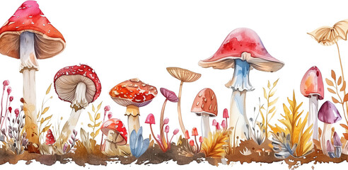 Watercolor mushroom border with various colorful fungi, seamless, isolated on white background