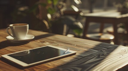 A white cup of hot coffee drink with digital tablet on wooden table in morning sunlight. Generate AI - Powered by Adobe