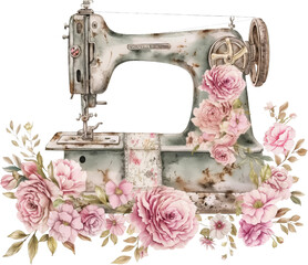 Watercolor floral sewing machines, vintage floral shabby style, isolated on white background.