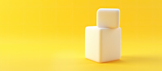 A design mockup of a sugar cube on a yellow background with plenty of copy space in the image