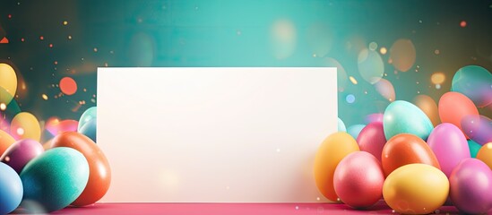 Colorful Easter eggs and a blank card arranged on a vibrant background providing ample space for adding text