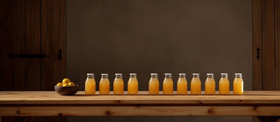 A wooden table displaying orange juice bottles providing space for textual content in the image. Copyspace image