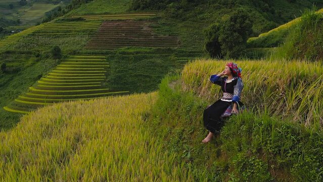A farmer woman with fresh paddy rice terraces, green agricultural fields in countryside or rural area of Mu Cang Chai, mountain hills valley in Asia, Vietnam. Nature landscape. People lifestyle.