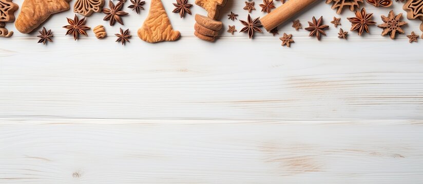 A composition featuring a copy space image with cookie cutters a whisker and a rolling pin on a white textured wooden surface as seen from above