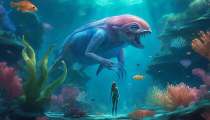 A diver comes face-to-face with a colossal, blue sea creature in an underwater world full of vibrant marine life.. AI Generation