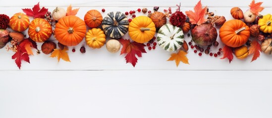 A festive fall themed frame consisting of pumpkins leaves rowan berries and succulents arranged on a white wooden background It embodies the spirit of Thanksgiving Day and captures the essence of the