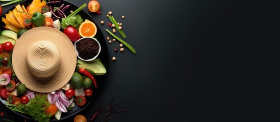 A fresh and healthy vegan meal is placed on a black table with an overhead view providing ample copy space A summer hat completes the scene - Powered by Adobe