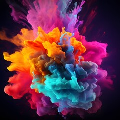 Obraz premium Colorful vibrant liquid explosion. Colorful smoke cloud on dark background. Generative AI.