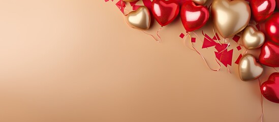 Top view of a Valentine s Day concept with a golden and red paper background featuring balloons Provides a flat lay perspective with ample copy space for customization