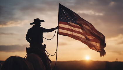 silhouette of a cowboy with an American flag on his horse, sunset
