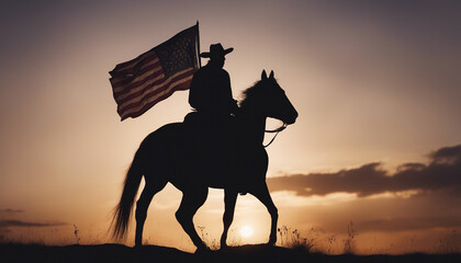 silhouette of a cowboy with an American flag on his horse, sunset
