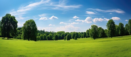 A serene park with a lush green meadow and a dense forest creating a picturesque landscape The bright blue sky adds to the beauty of this summery scene Copy space image