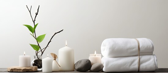 A serene spa scene with a selection of elegantly arranged elements like a cotton branch stones towels cosmetics tubes and candles The light background provides a perfect setting for this copy space i