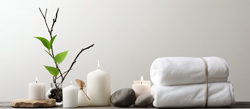 A serene spa scene with a selection of elegantly arranged elements like a cotton branch stones towels cosmetics tubes and candles The light background provides a perfect setting for this copy space i