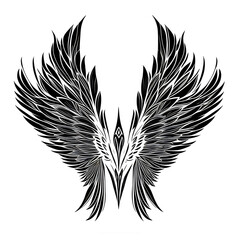 Obraz premium black and white image featuring a stylized design of wings, possibly for use as a tattoo, emblem, or logo. The wings are symmetrically spread with intricate feather patterns. 