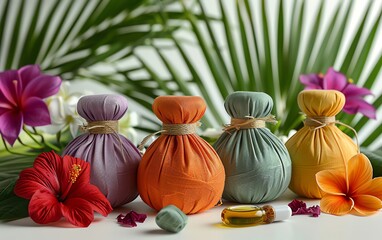 Brightly colored herbal compress balls and matching massage oils with a few tropical flowers