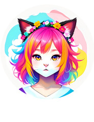 Colorful Anime Cat Girl with Floral Crown Illustration.

Vibrant anime-inspired cat girl portrait, isolated on a round backdrop, ideal for avatar, sticker, or T-shirt designs. Features rainbow hair an