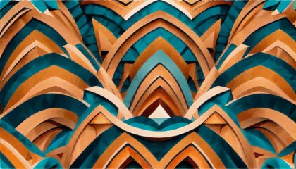 A close-up of intricate geometric patterns crafted from interlacing wood with a play of teal and orange hues.. AI Generation
