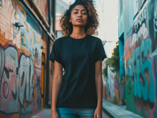 Naklejka premium A young woman in black t - shirt standing in an alleyway.