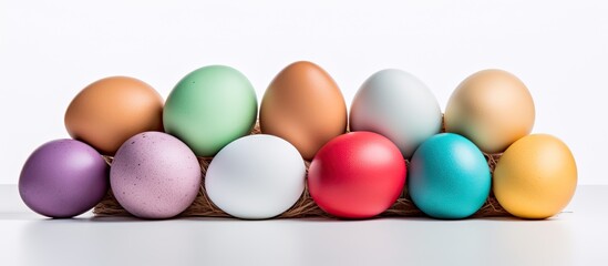An Easter themed photo featuring fresh eggs arranged on a white background specifically designed to accommodate additional content or text