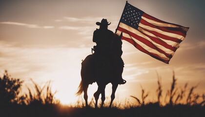 silhouette of a cowboy with an American flag on his horse, sunset