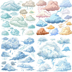 A set of four watercolor of clouds different shapes and sizes