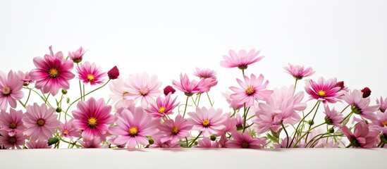 A stunning image showcasing pink flowers on a pure white backdrop with plenty of copy space